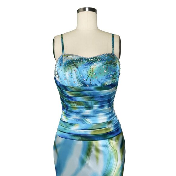 Vtg Abstract Aqua Swirl Print Satin Ruched Bodice Beaded Cocktail Dress - Picture 5 of 5